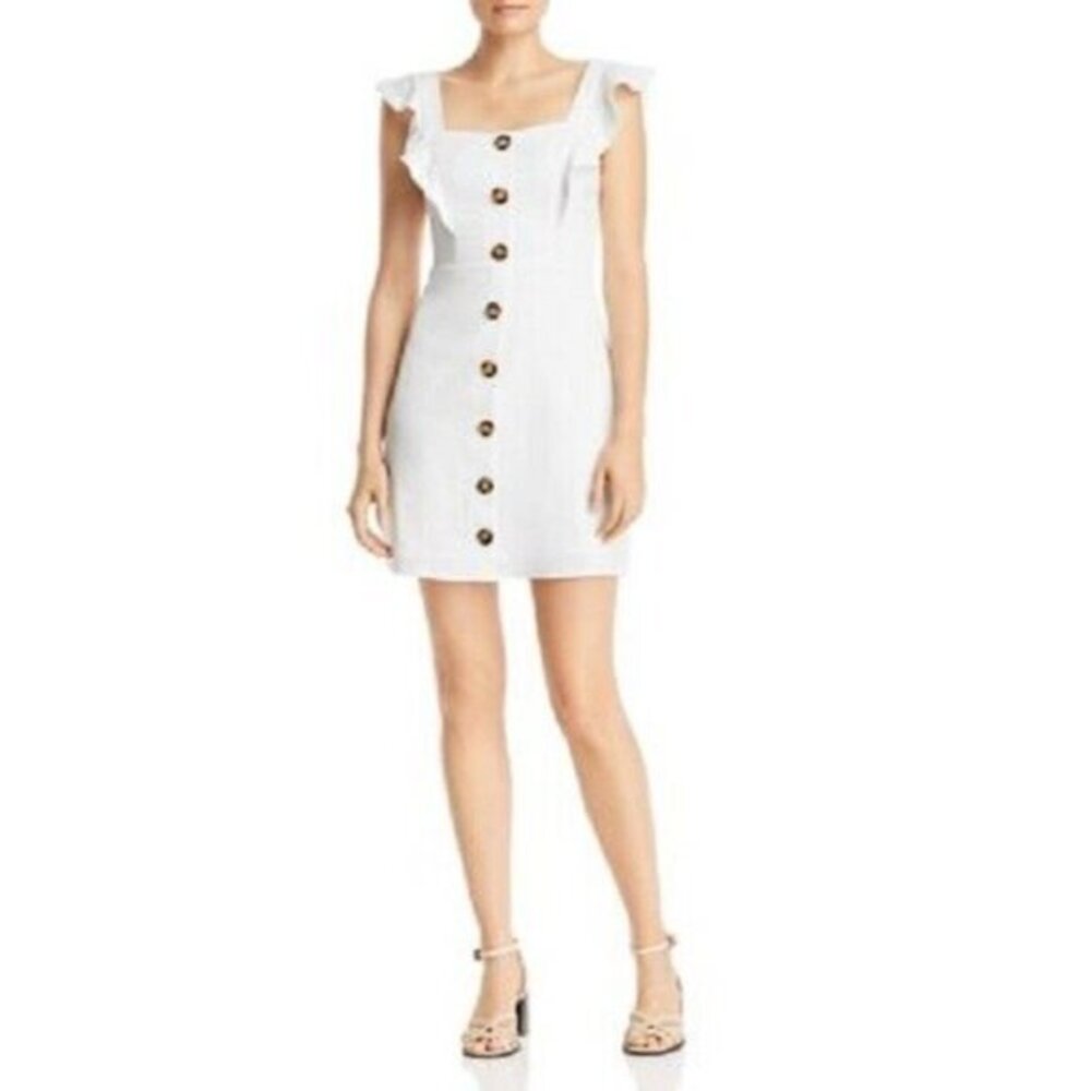 Aqua White Dress Ruffle Sleeve Front Buttons Mini Dress SZ L NWT